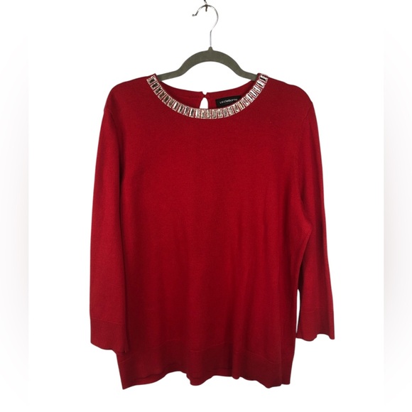 Liz Claiborne Red Holiday Sweater Beaded Crew Neckline Single Button Closure - Picture 1 of 8